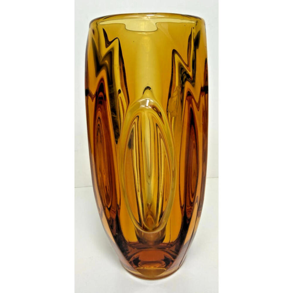 SKLO Vase Amber Yellow Glass Bullet Lens 8"H Czech 60s Mid Mod MCM Hand Blown - Picture 7 of 15